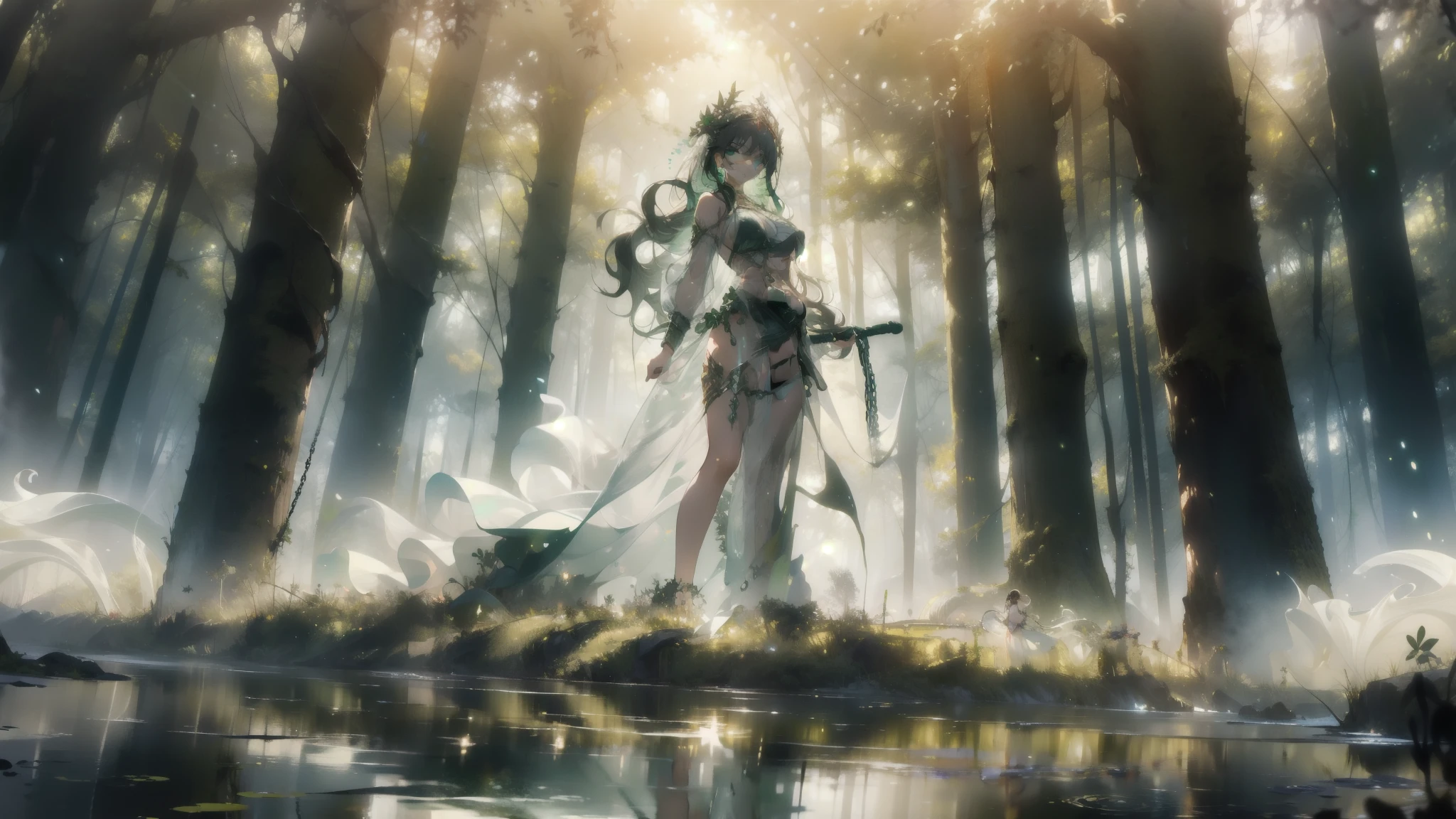 ((masterpiece, best quality)), Epic battlefield atmosphere,Delicate face,goddess,forest,whole body,Standing picture,glowing green eyes,Large Breasts,Gradient white long wavy hair,Perfect body proportions,Pure white background,firefly,Water Ripples,Lace,Transparent sex bikini,whip,chain