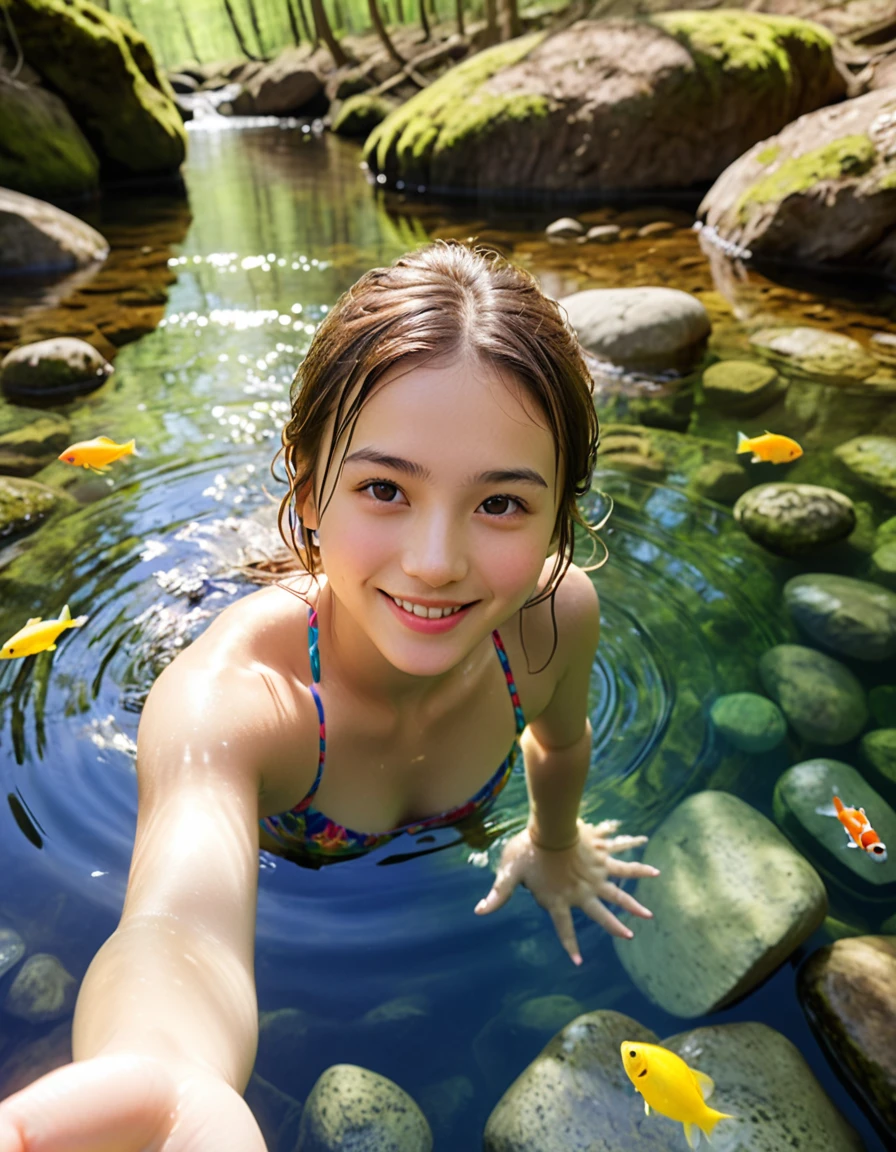 dynamic angle, (close up face), ultra detailed beautiful photograph, In a pristine spring in the forest, a girl is swimming joyfully. Her smile shines like the surface of the water reflecting the sunlight. The spring water is clear, and colorful stones can be seen at the bottom. She swims freely in the spring, splashing water around. It’s as if she has become one with nature.