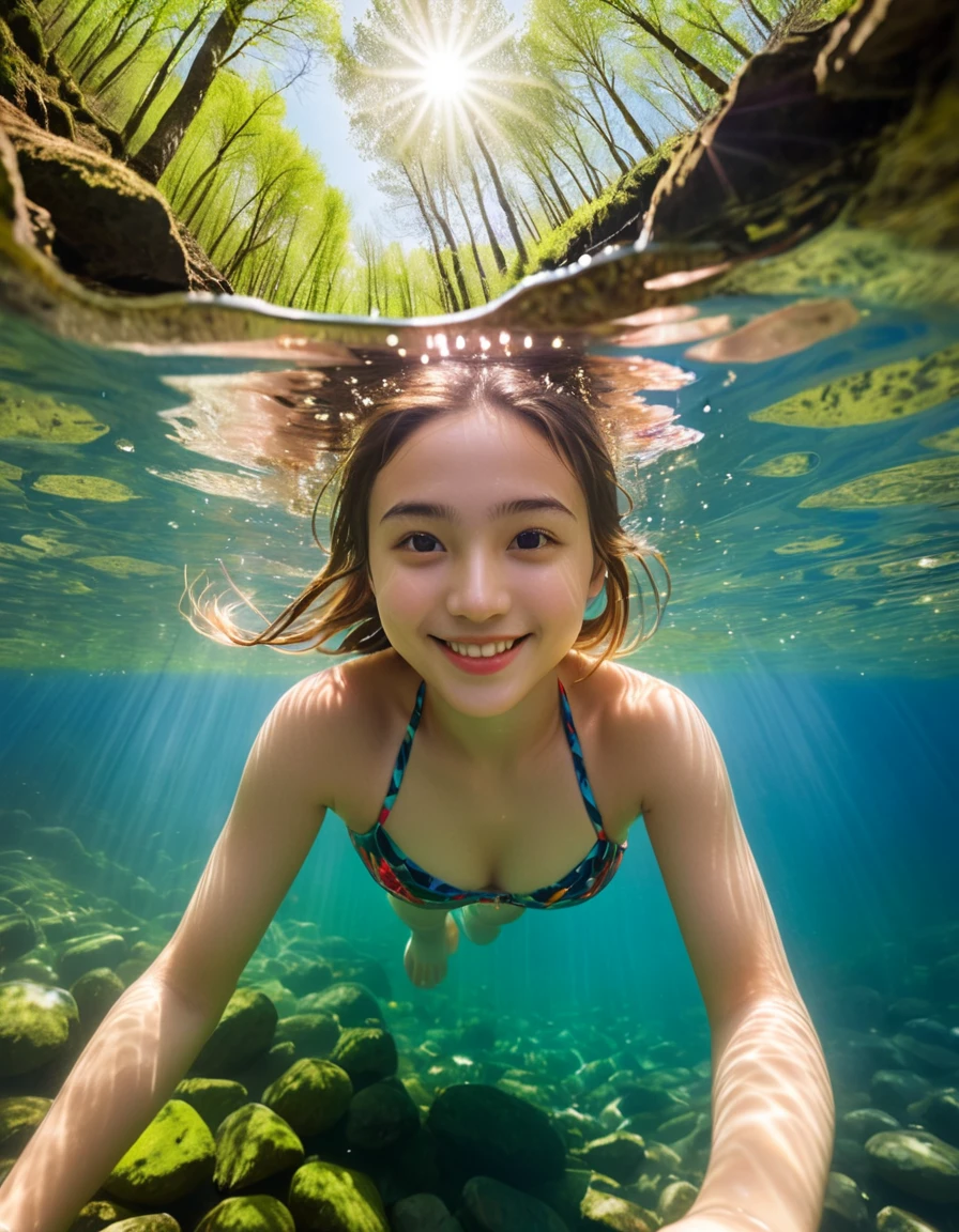 dynamic angle, (close up face), ultra detailed beautiful photograph, In a pristine spring in the forest, a girl is swimming joyfully. Her smile shines like the surface of the water reflecting the sunlight. The spring water is clear, and colorful stones can be seen at the bottom. She swims freely in the spring, splashing water around. It’s as if she has become one with nature.