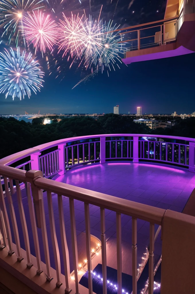 A curved balcony with railing and you can see noght sky with fireworks in the background.
1 big pink firework and 1 smal blue firework.
The balcony is a ballroom curved balcony and you can see a bit of the floor and the semicircular railing.