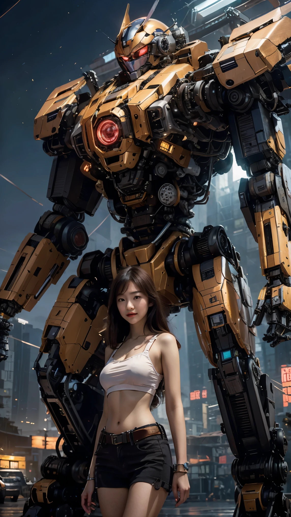 ((masterpiece, best quality)),illustration,ultra detailed 8k,photorealistic,sharp focus,highly detailed,professional lighting,colorful details,iridescent colors BREAK extreme long shot of a factory,large mechanical robot construction,microchip,computer,glowing,intricate details,shitu-mecha,1girl is standing in front of the audience,Navel