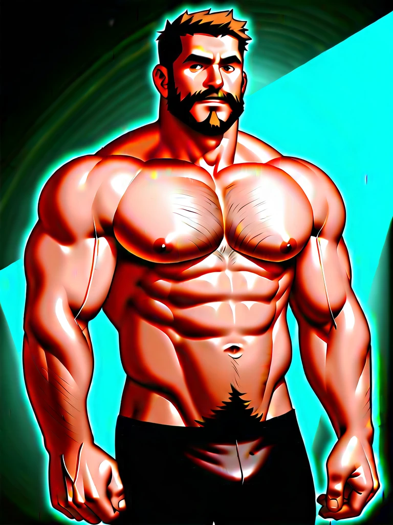 a man, shirtless, chest showing, body hair, big beard, front view