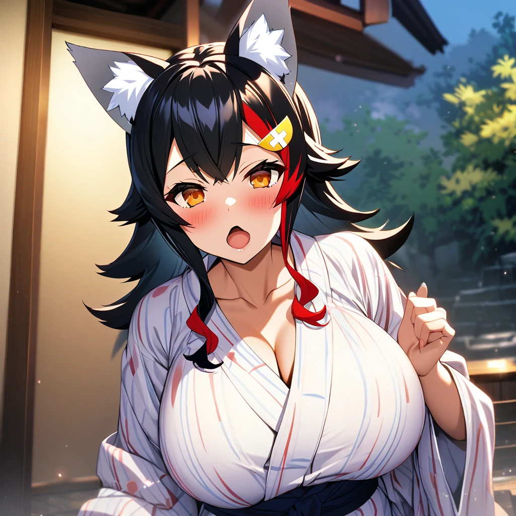 ookami mio,1girl,solo,wolf ears,Females in heat,blush,open mouth,super huge breasts,yukata,looking at viewer,standing up,ryokan
