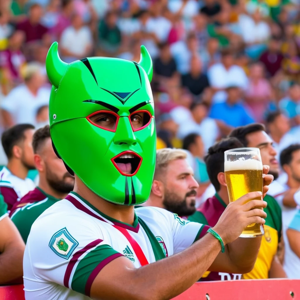 Drawing The mask, fighting, Drinking beer, Fluminense clothes, at the football stadium.