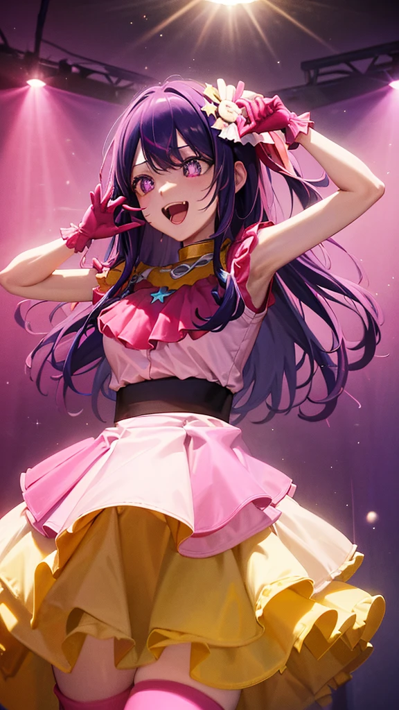 hoshino ai, from below, star dress, singing, :d, happy, open mouth, stage, concert, stage lights, audience, pink dress, yellow collar, pink gloves, pink thigh high boots, crowd, light particles, red heart brooch,At full height (holding microphone:0.9),, masterpiece, best quality, highly detailed