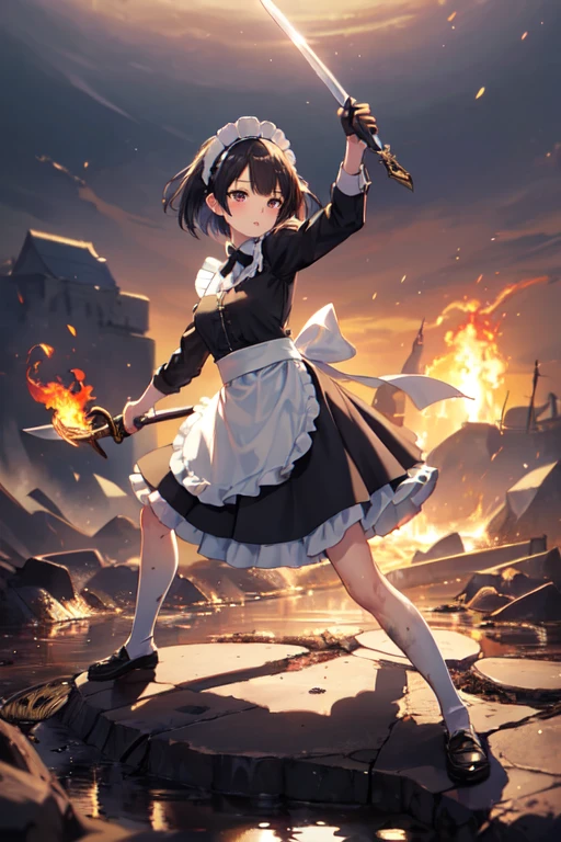 (((Highest quality))), ((masterpiece)), (((detailed))), (((Attention to detail))), girl, cute, Slightly longer bob hair, (Maid clothes, Classic), Small breasts, Holding a big sword, Fighting, Sword and Magic, Burning Battlefield, (Holding a large sword in both hands), (One sword), protect the castle, Facing a formidable foe, Oblique angle, (Maid clothesのスカートは千切れquality:1.4), (The white apron around her waist is torn off.:1.1), (EffectThe whole body is dirty with mud and soot.:1.6), (Effect: Body is dirty with soot and mud.:1.4), (EffectMaid clothesが煤と泥で汚いquality:1.4),