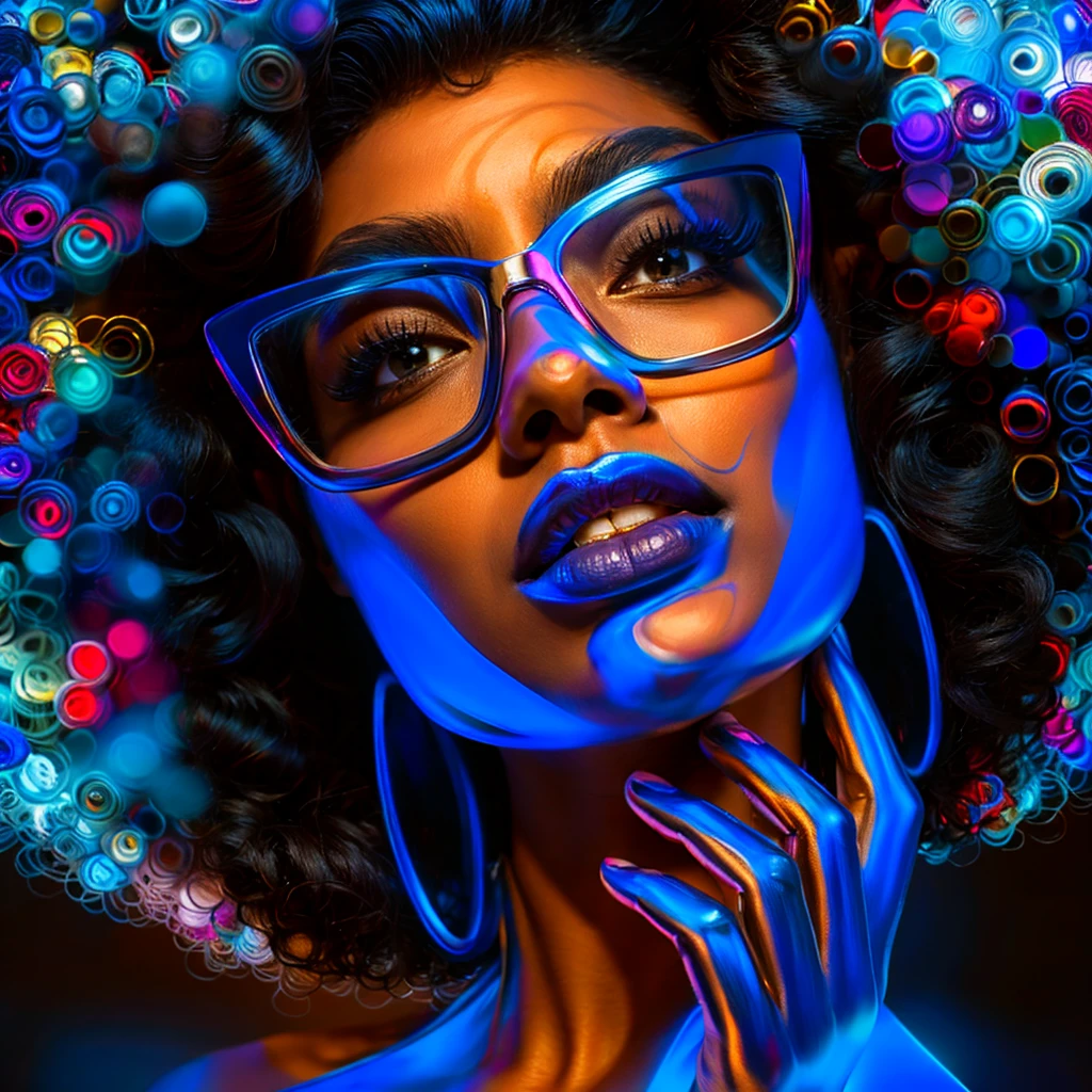 Beautiful black woman with afro hair for advertisement of stylish blue-framed glasses, swirly vibrant colors, hyper realistic art in 4k, hyper realistic hair