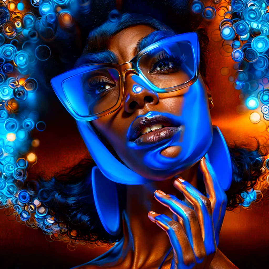 Beautiful black woman with afro hair for advertisement of stylish blue-framed glasses, swirly vibrant colors, hyper realistic art in 4k, hyper realistic hair