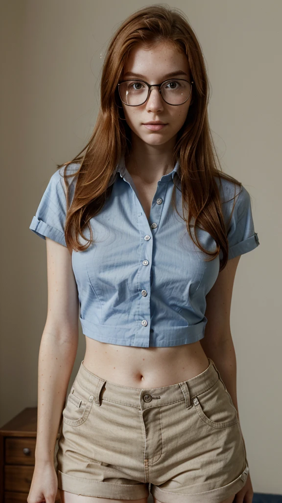 age girl, nerd look, ginger hair, in glasses, extremely thin body, very thin face, in Button-down shirt, in shorts, huge bust, Freckles on his face, a long thin face
