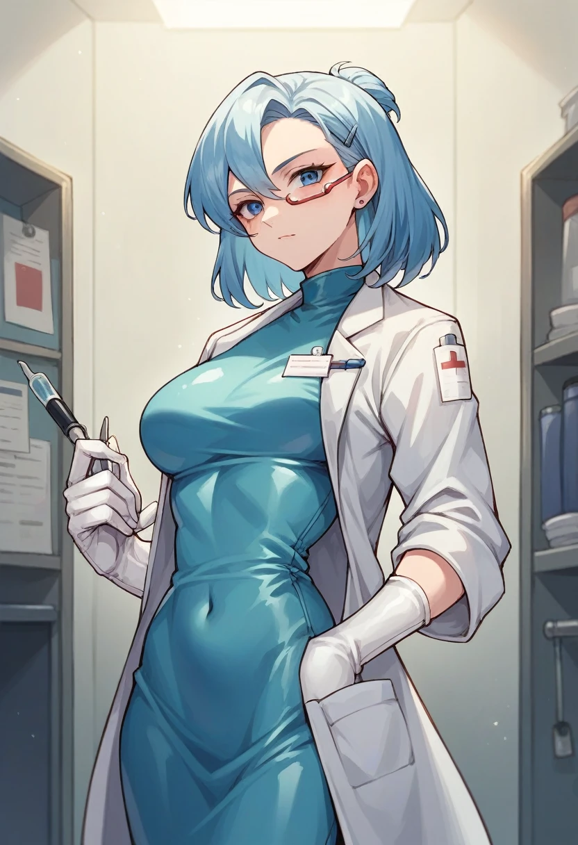 1girl, furina, ((white elbow gloves)), ((surgical gloves)), ((latex gloves)), ((long sleeves)) ((blue surgeon outfit)), looking at viewer, ((doctor)), standing, solo