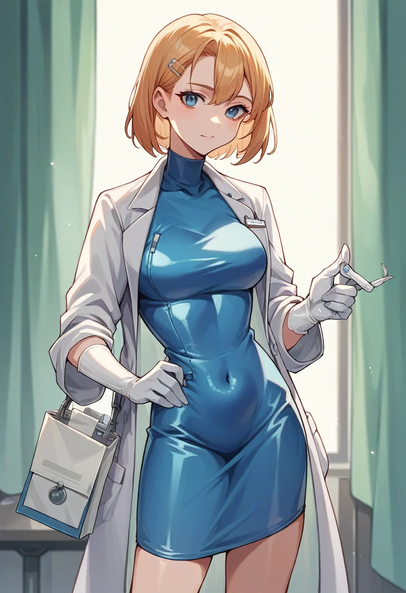 1girl, furina, ((white elbow gloves)), ((surgical gloves)), ((latex gloves)), ((long sleeves)) ((blue surgeon outfit)), looking at viewer, ((doctor)), standing, solo