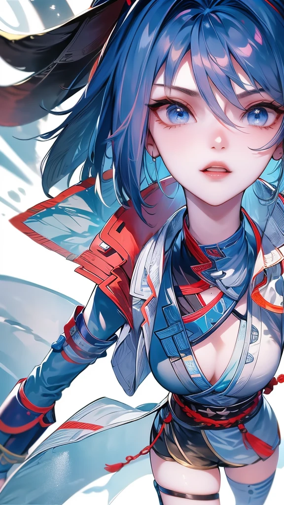 Masterpiece, Best quality, 1 Ji Ruxue, the expression is cold, strong, blue eyes, short hair, wolfcut hairstyle, smoky mix blue color hair, resolute eyes, red lips, simple Taoist Taoist uniform, Chinese mix morden, frontal photo, black or white background, simple background, アニメ, illustration, Chinese style short-sleeved shirt, cool girl, Ji Ru Xue, Fullbody