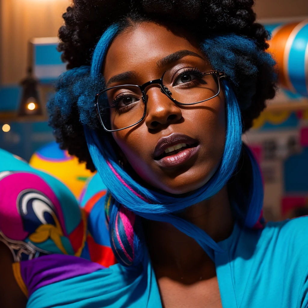 Beautiful black woman with afro hair for advertisement of stylish blue-framed glasses, swirly vibrant colors, hyper realistic art in 4k, hyper realistic hair