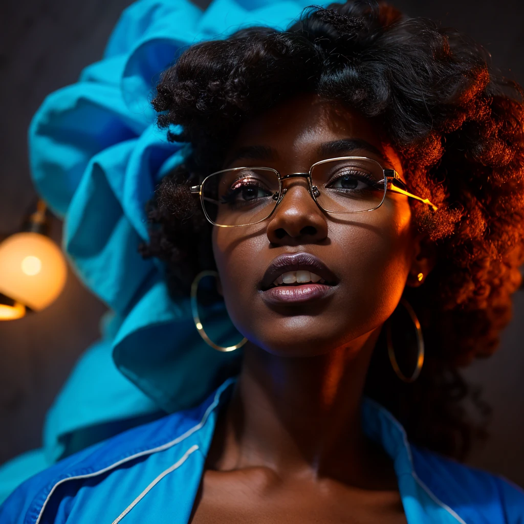 Beautiful black woman with afro hair for advertisement of stylish blue-framed glasses, swirly vibrant colors, hyper realistic art in 4k, hyper realistic hair