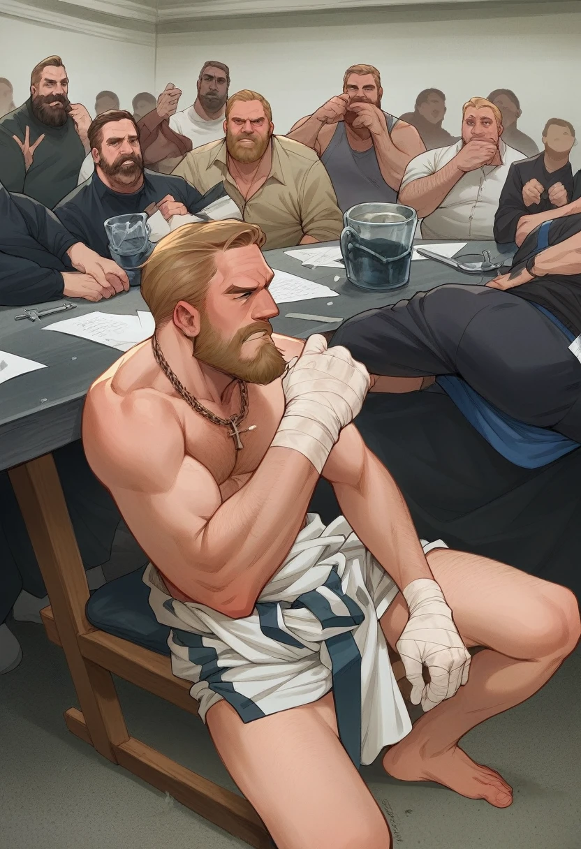 there is a man with a beard and a bandage on his face, clean brutal blooded face, resting after a hard fight, posing ready for a fight, crucifixion of conor mcgregor, never seen before, conor mcgregor, getting ready to fight, unkempt beard, photo from a spectator, mildly scarred on his face, highlight