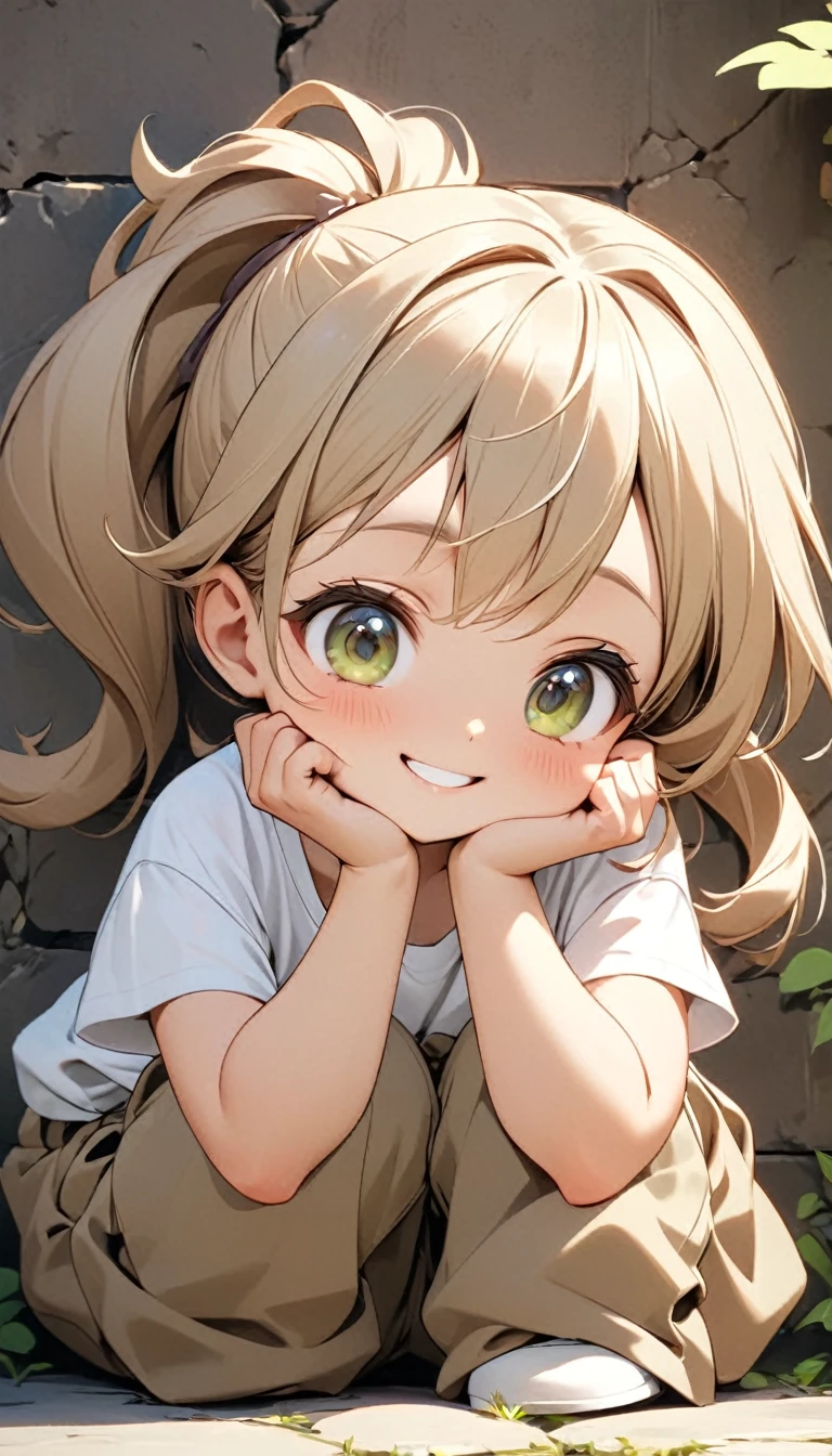 A cute little girl, Tied with a double ponytail, Short white T-shirt, Khaki baggy pants, Sitting on the ground by the wall, Hold your cheek with one hand, Close-up of a character looking at someone with tilted head and smiling eyes( Perfect anatomical structure ) Beautiful and extremely fine texture，detailed, bright, Animation style high definition and high quality presentation