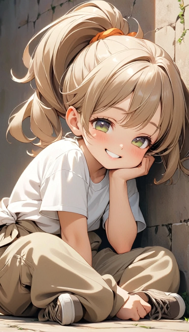 A cute little girl, Tied with a double ponytail, Short white T-shirt, Khaki baggy pants, Sitting on the ground by the wall, Hold your cheek with one hand, Close-up of a character looking at someone with tilted head and smiling eyes( Perfect anatomical structure ) Beautiful and extremely fine texture，detailed, bright, Animation style high definition and high quality presentation