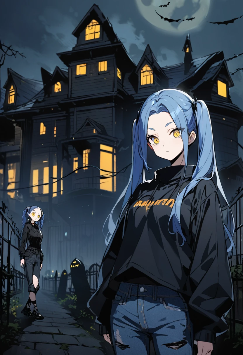 (One very tall woman,Navy Blue Hair,Her hairstyle is twin tails that expose her forehead.,Medium chest,yellow eyes)Black Techwear,Jeans pants,The background is a haunted house