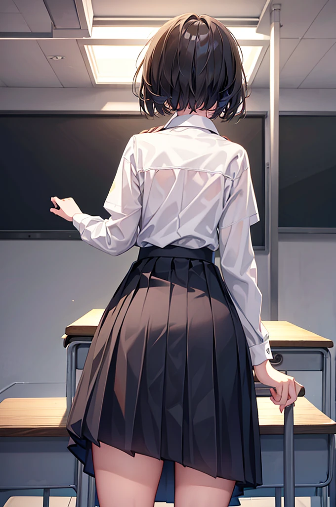 A girl with her hands on a desk at school,skirt,From directly behind,Back view,Panties in full view,Peeping
