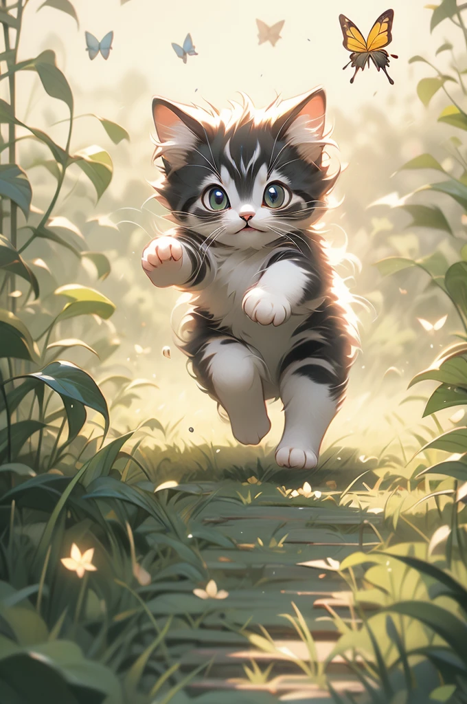 pouncing kitten chasing a butterfly in a field.