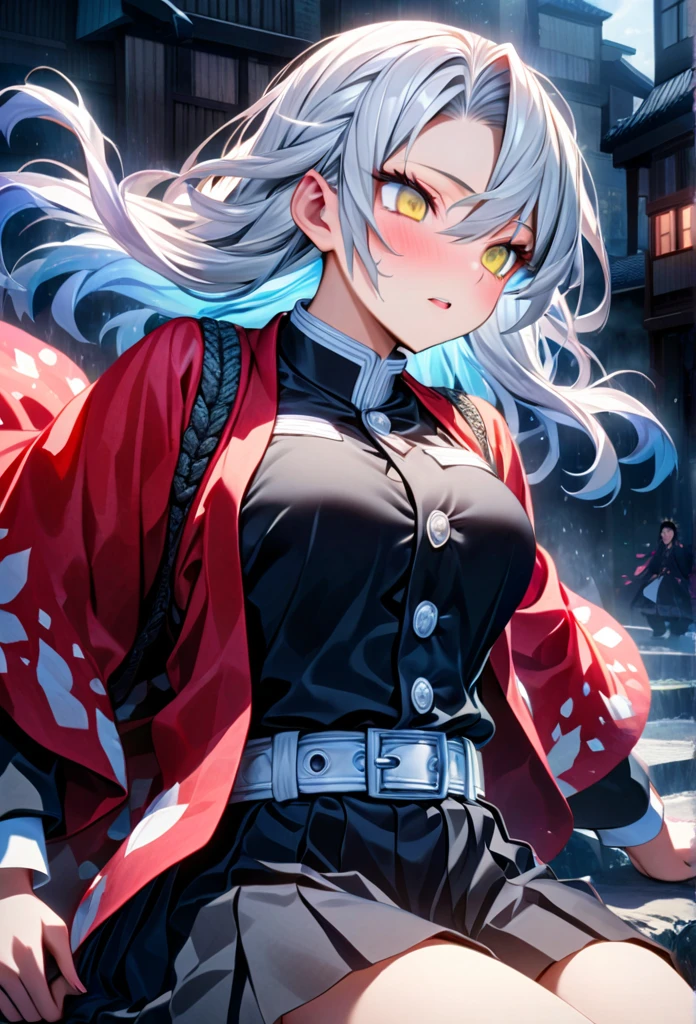 Ultra detailed, high resolution, absurd, HDR, masterpiece, anime girl and boy, beautiful woman (with long white hair with deep red streaks, girl (with yellow eyes), the girl (is wearing a red haori), killer uniform of black demons, Kimetsu No Yaiba, fantasy, beautiful, Tomioka Giyu, Hashira, Tomioka is in shock and scared, couple, in a japonese city, best quality, extremely detailed face, anime, the girl is worried about Tomioka, she is trying to calm him down, he is scared, Tomioka is a strong man