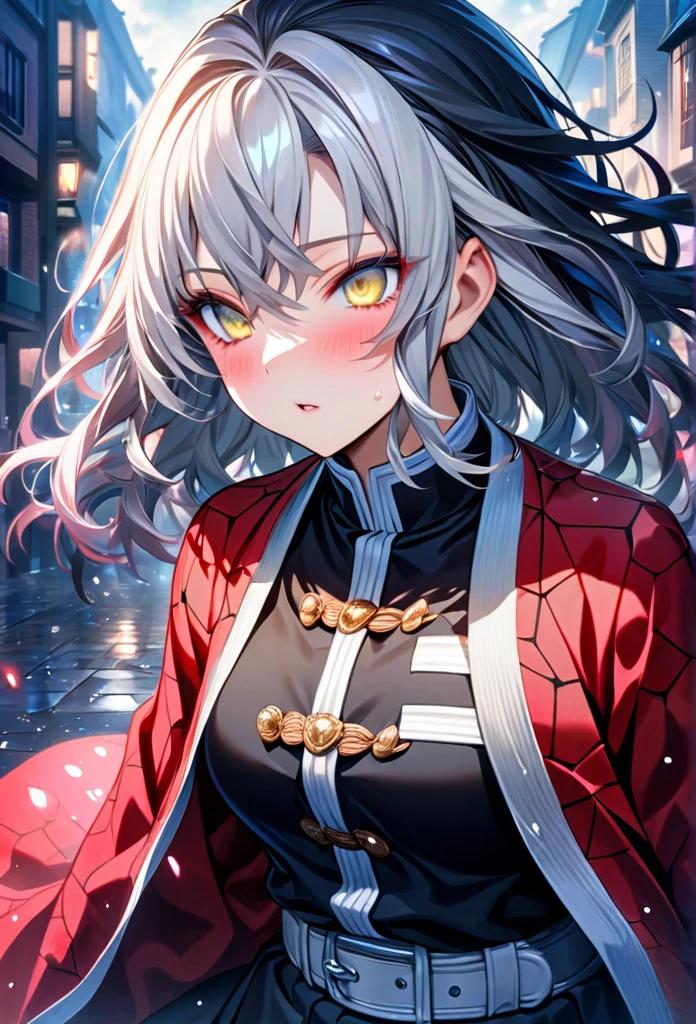 Ultra detailed, high resolution, absurd, HDR, masterpiece, anime girl and boy, beautiful woman (with long white hair with deep red streaks, girl (with yellow eyes), the girl (is wearing a red haori), killer uniform of black demons, Kimetsu No Yaiba, fantasy, beautiful, Tomioka Giyu, Hashira, Tomioka is in shock and scared, couple, in a japonese city, best quality, extremely detailed face, anime, the girl is worried about Tomioka, she is trying to calm him down, he is scared, Tomioka is a strong man