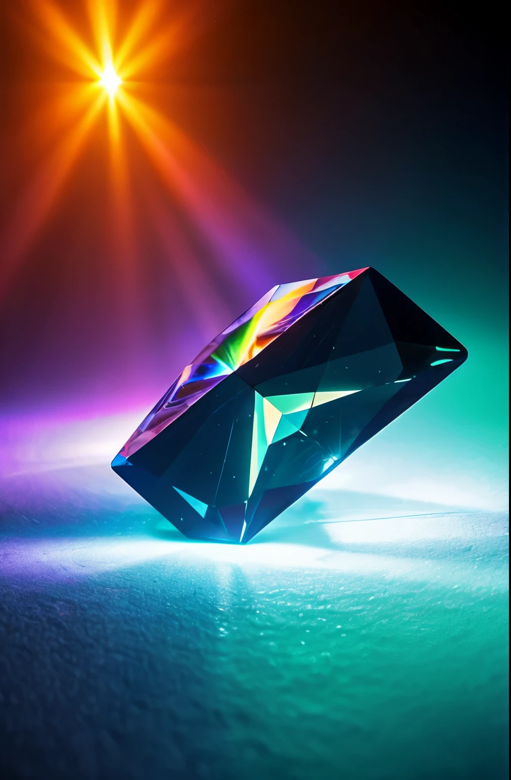 a large diamond jewel on red velvet table with a black misty background, radiant light beams, chromatic aberration, broken prism, refraction, light caustics, detailed illustration, bioluminescent, colorfull, glow,