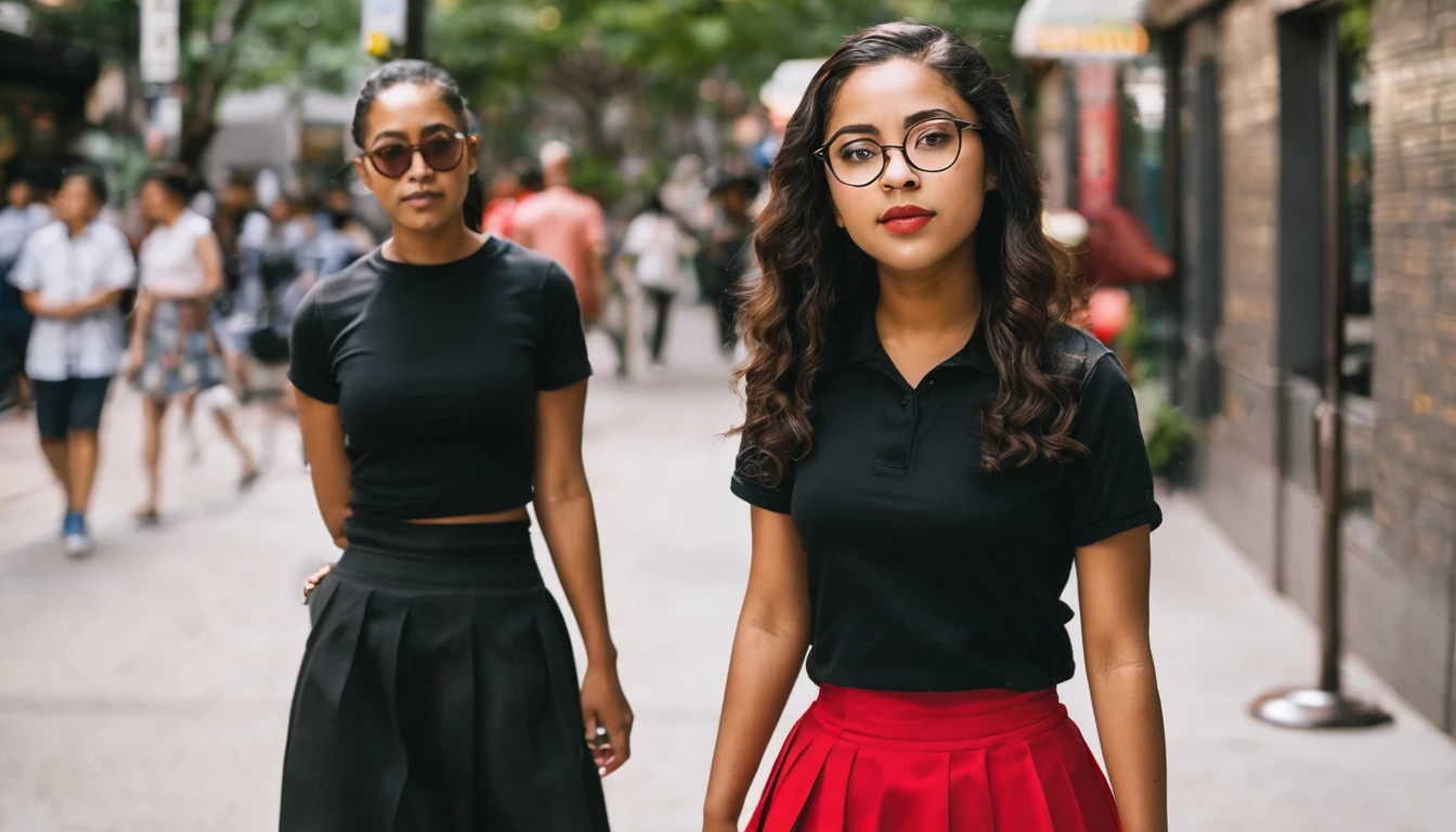 Young woman with light brown skin, dark round glasses, a round face, and a small mouth wearing a black shirt and a red skirt.
