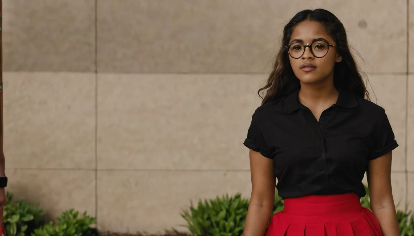 Young woman with light brown skin, dark round glasses, a round face, and a small mouth wearing a black shirt and a red skirt.