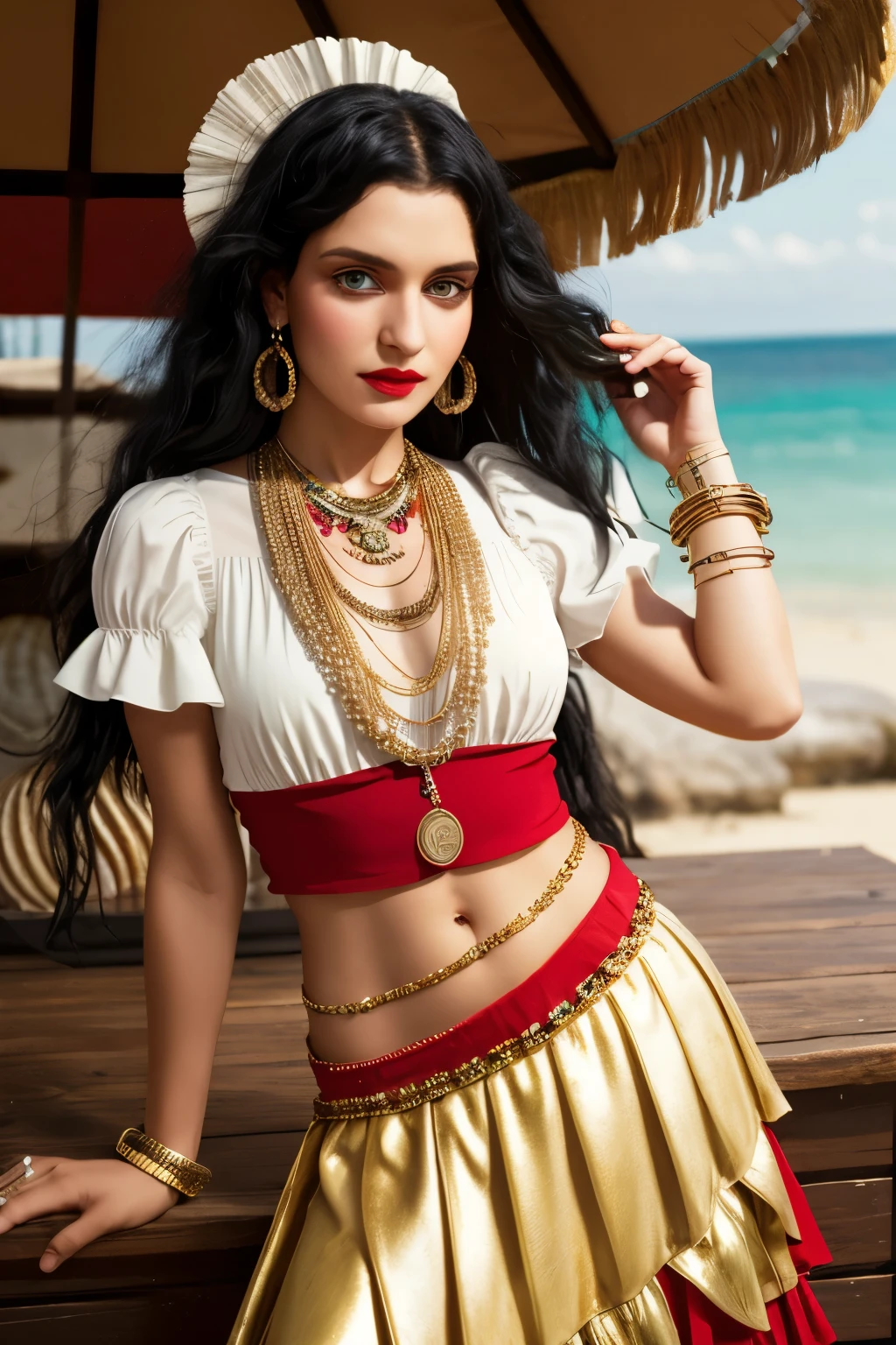 A gypsy with green eyes black hair, white blouse with gold medals and red skirt with ruffles, seashell necklaces.