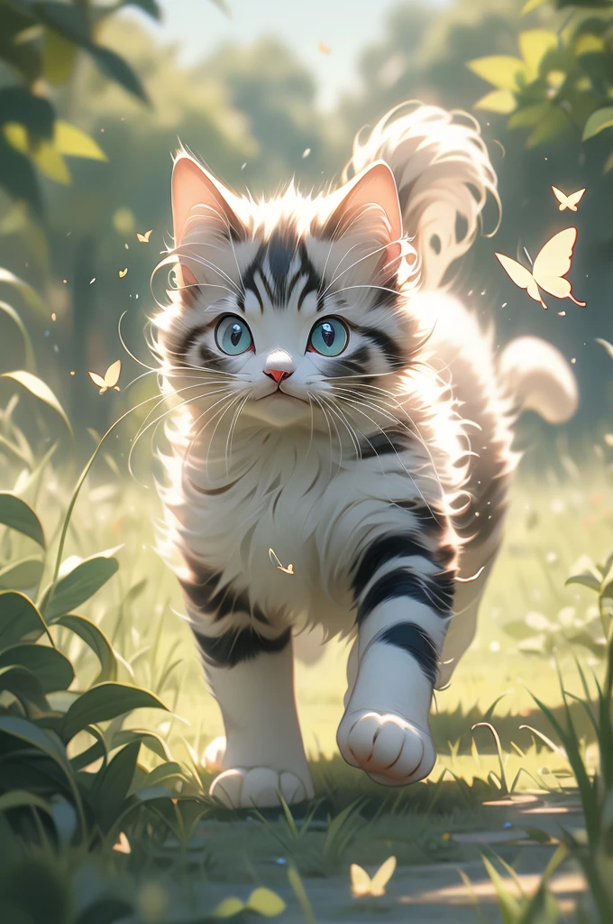 pouncing kitten chasing a butterfly in a field.