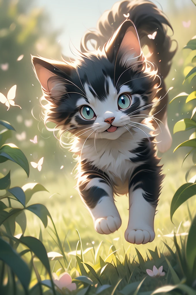 pouncing kitten chasing a butterfly in a field.