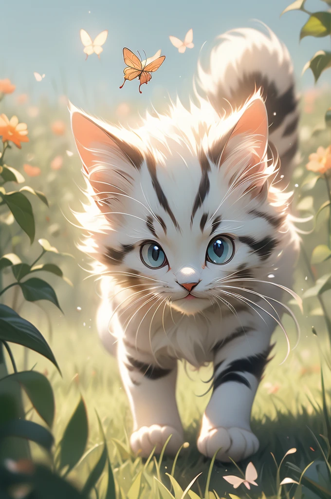 pouncing kitten chasing a butterfly in a field.