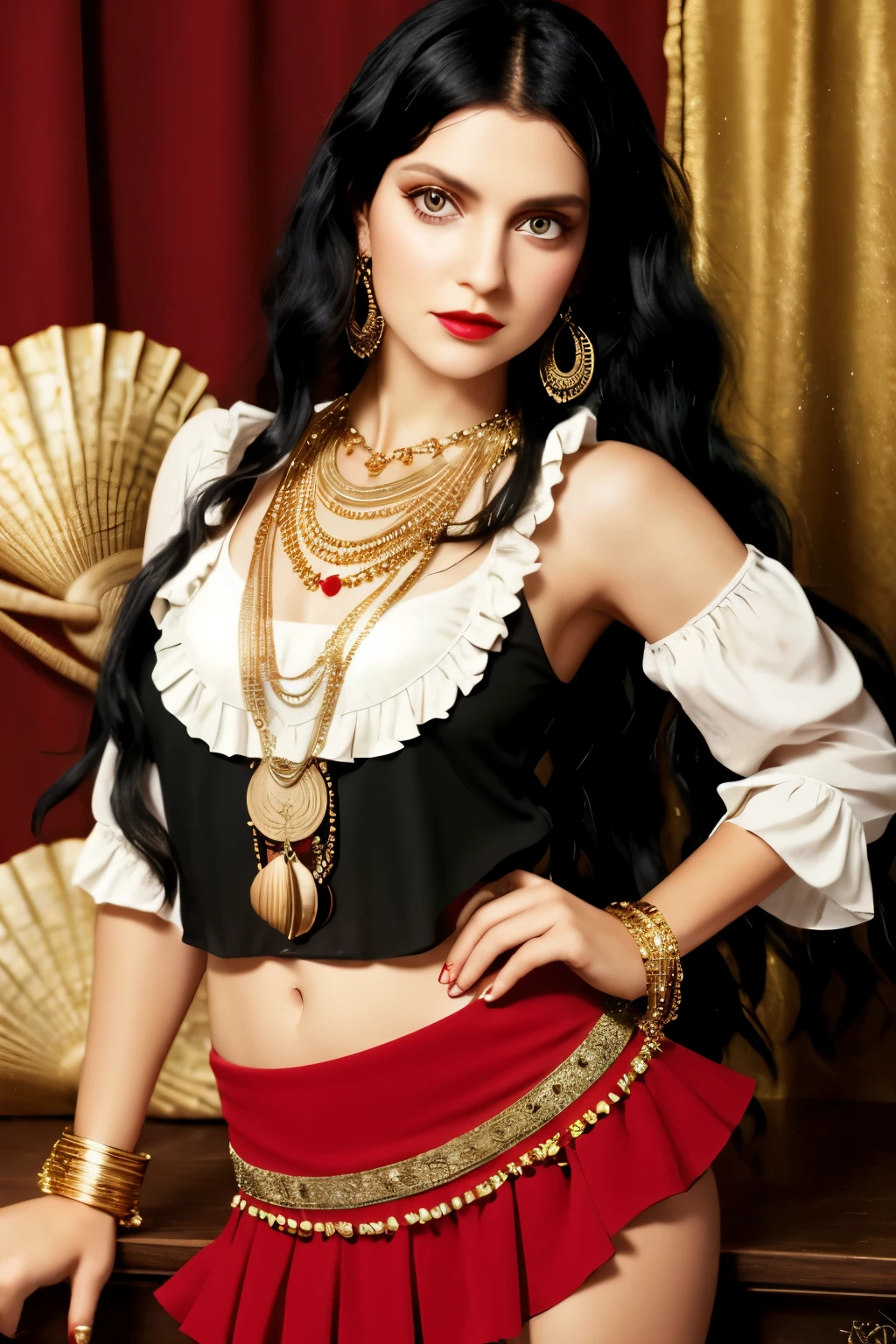 A gypsy with green eyes black hair, white blouse with gold medals and red skirt with ruffles, seashell necklaces.