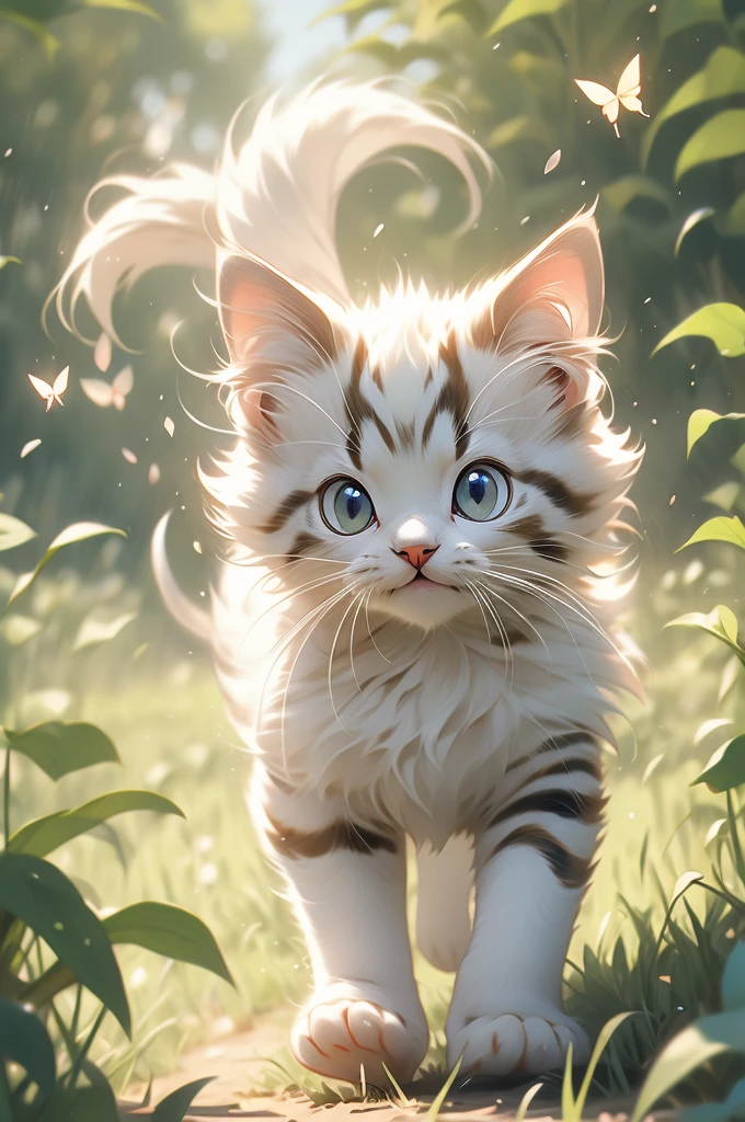 pouncing kitten chasing a butterfly in a field.