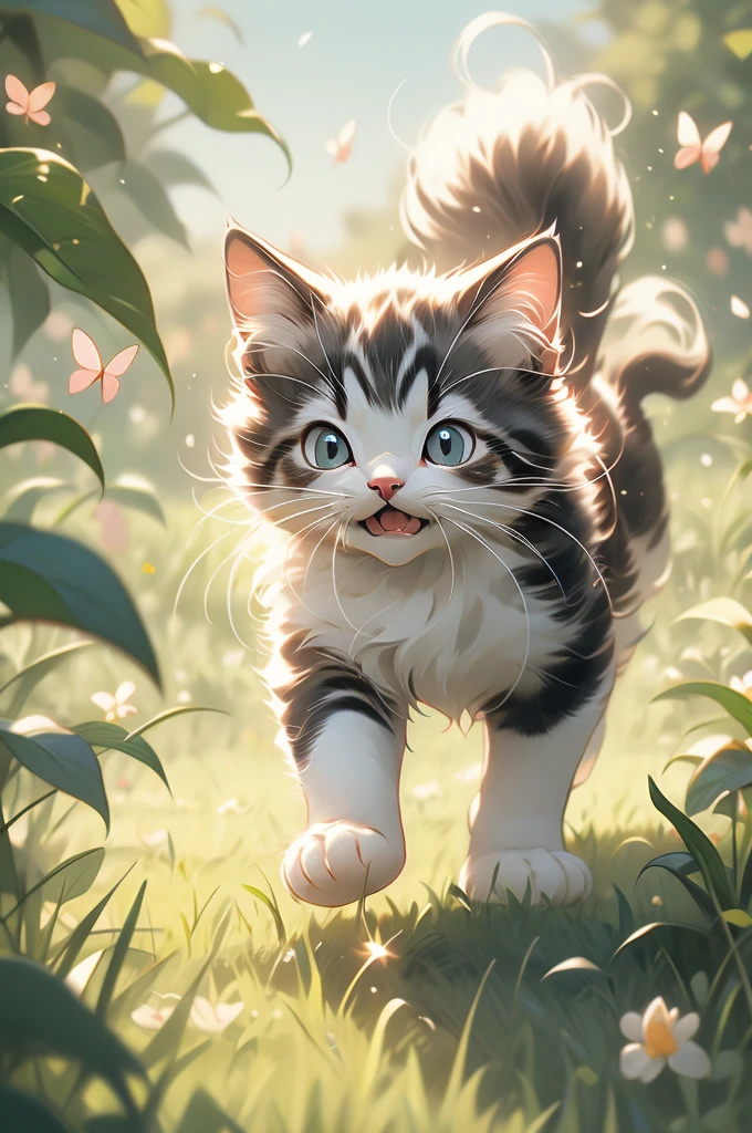pouncing kitten chasing a butterfly in a field.