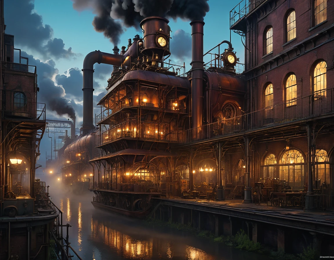 steampunk art pictures, Wide Shot,  intense details, highly detailed, Realistic, Highest quality, High resolution, reflected light, Attention to detail, Highest quality, 16K, [ultra detailed], masterpiece, Highest quality, (extremely detailed), ultra Wide Shot, Realistic, born, Realistic芸術,((Highest quality)), ((masterpiece)), (detailed), A lot of steam rising、、There is no one、No people、gaslight、Airship flying in the sky、Abandoned factory、night、pipe、gaslightの明かりで工場を照らしている、