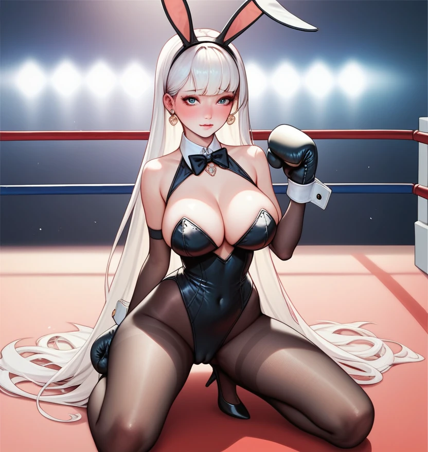 korean beautifull girl,18 years old,Pretty Face,Good shape,detailed picture, Shy expression, blush,White long hair, Wear a bunny girl outfit,Wear black pantyhose, Wearing black boxing gloves, Kneeling in a sexy pose on the boxing ring,Large Breasts,Cleavage,Long legs,Thin waist,nipple,Camel toe