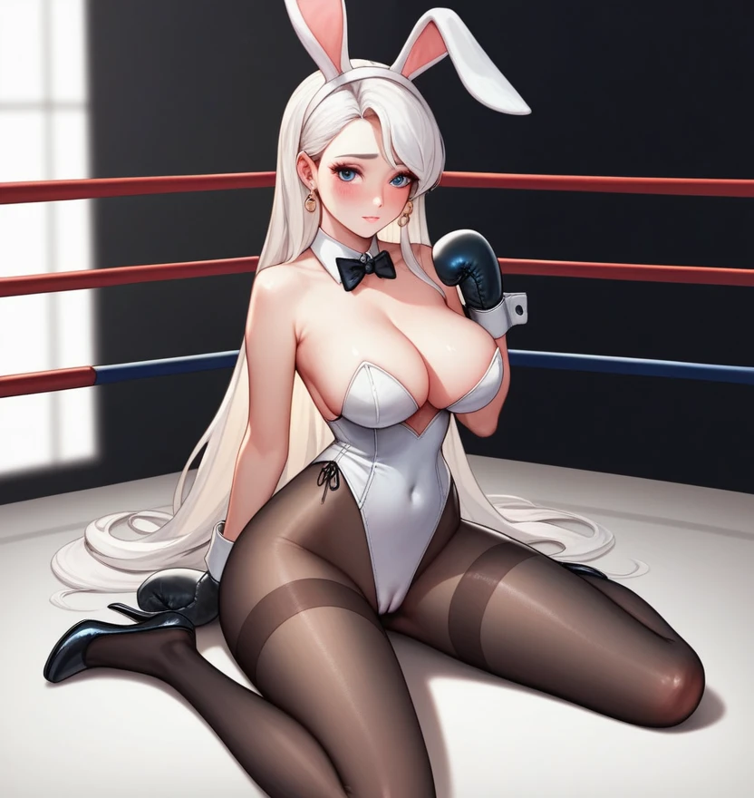 korean beautifull girl，18 years old,Pretty Face，Good shape，detailed picture, Shy expression， blush，White long hair, Wear a bunny girl outfit，Wear black pantyhose, Wearing black boxing gloves, Kneeling in a sexy pose on the boxing ring，Large Breasts,Cleavage,Long legs，Thin waist，nipple，Camel toe