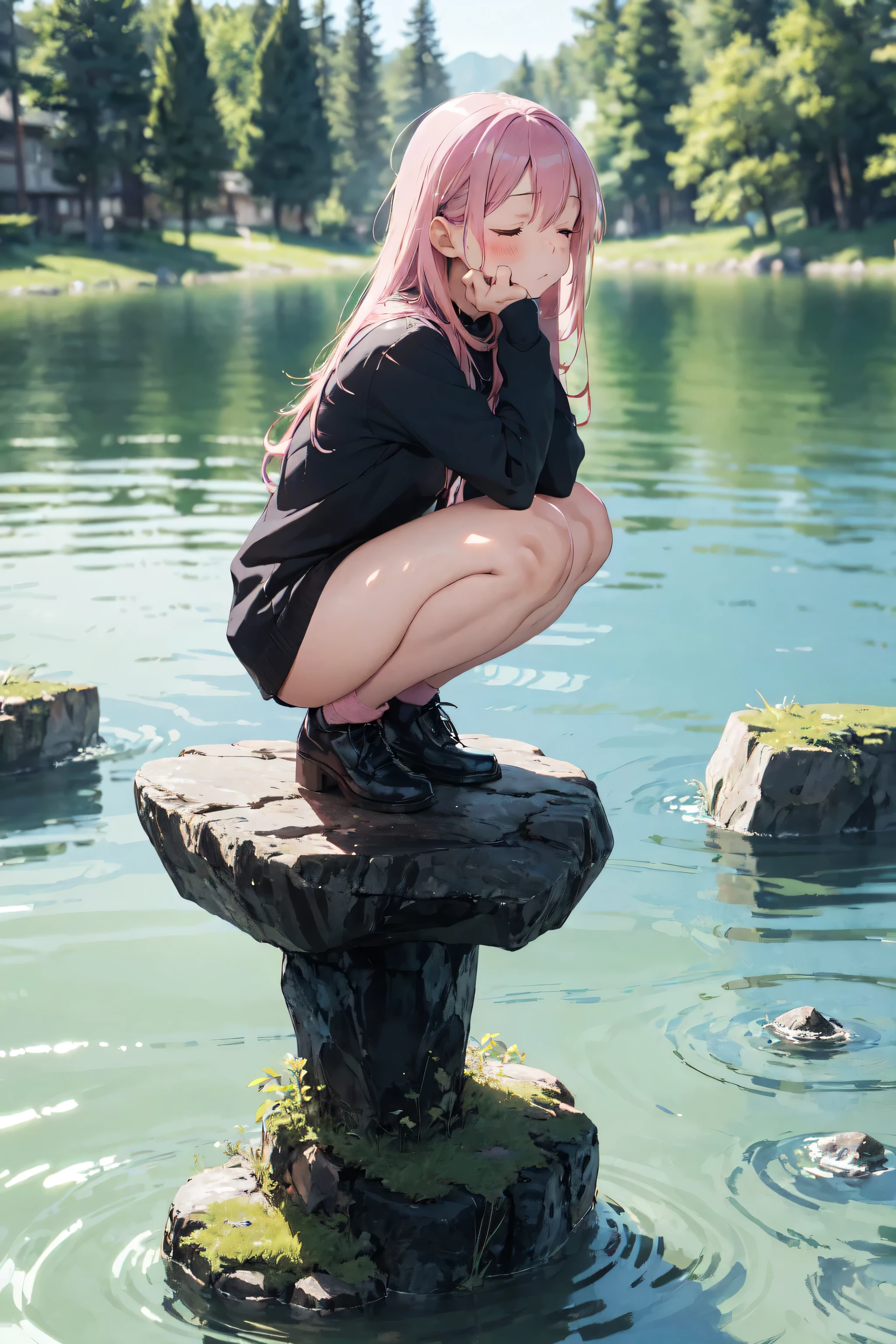 deep forest, (mysterious girl, pink long hair:1.4), (squat on rock in lake:1.3), hands on lake
surface, detailed face, closed eyes, on lake in forest, full body, panorama view, magnificent view, absurdres, 8k, detailed plants