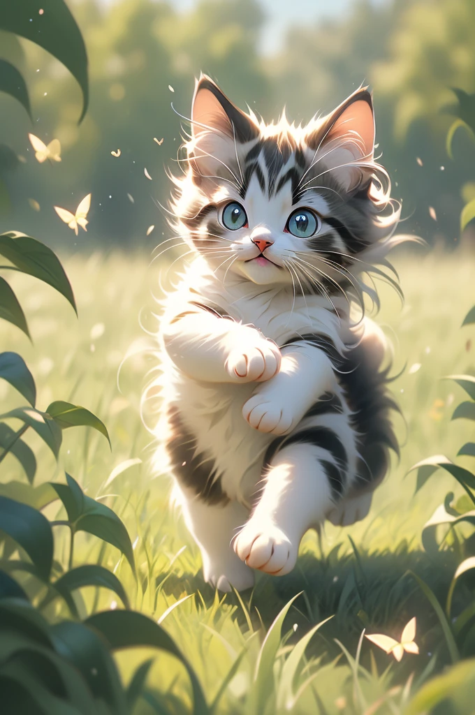 pouncing kitten chasing a butterfly in a field.