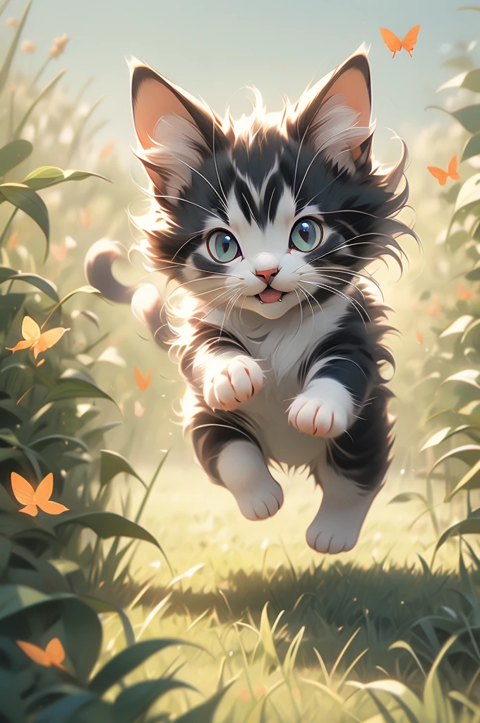 pouncing kitten chasing a butterfly in a field.