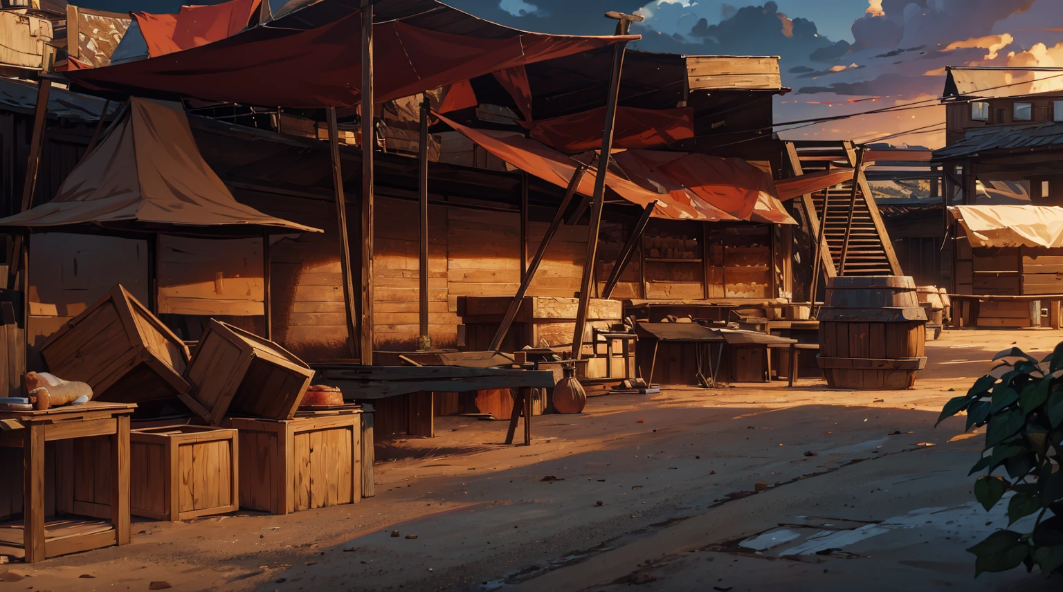 (masterpiece:1.2), (best quality,:1.2), 8k, HDR, ultra detailed, traditional meat market, sand ground, butchery, stilt wooden house, concrete wall, market tents, canopy, market stall, hanging wires, (selling weird foods, odd plants in the wooden boxes, hanged meat in butchery, animal bones, monster meats on the table, goods on the shelf), wooden boxes, wooden barrel, lamp, display case, cloudy daybreak sky, dark morning,