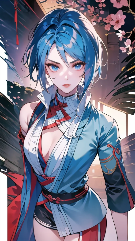 Masterpiece, Best quality, 1 Ji Ruxue, the expression is cold, strong, blue eyes, short hair, wolfcut hairstyle, smoky mix blue color hair, resolute eyes, red lips, simple Taoist Taoist uniform, Chinese mix morden, frontal photo, black or white background, simple background, アニメ, illustration, Chinese style short-sleeved shirt, cool girl, Ji Ru Xue, Fullbody