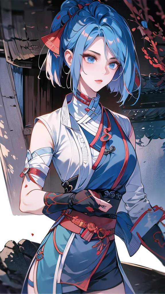 Masterpiece, Best quality, 1 Ji Ruxue, the expression is cold, strong, blue eyes, short hair, wolfcut hairstyle, smoky mix blue color hair, resolute eyes, red lips, simple Taoist Taoist uniform, Chinese mix morden, frontal photo, black or white background, simple background, アニメ, illustration, Chinese style short-sleeved shirt, cool girl, Ji Ru Xue, Fullbody