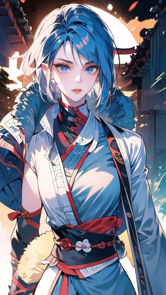 Masterpiece, Best quality, 1 Ji Ruxue, the expression is cold, strong, blue eyes, short hair, wolfcut hairstyle, smoky mix blue color hair, resolute eyes, red lips, simple Taoist Taoist uniform, Chinese mix morden, frontal photo, black or white background, simple background, アニメ, illustration, Chinese style short-sleeved shirt, cool girl, Ji Ru Xue, Fullbody