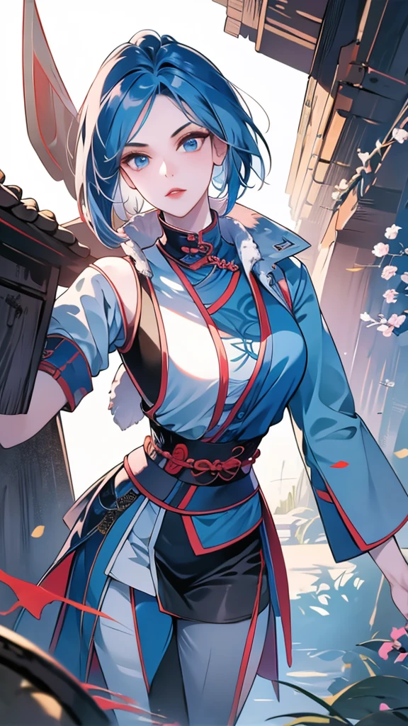 Masterpiece, Best quality, 1 Ji Ruxue, the expression is cold, strong, blue eyes, short hair, wolfcut hairstyle, smoky mix blue color hair, resolute eyes, red lips, simple Taoist Taoist uniform, Chinese mix morden, frontal photo, black or white background, simple background, アニメ, illustration, Chinese style short-sleeved shirt, cool girl, Ji Ru Xue, Fullbody