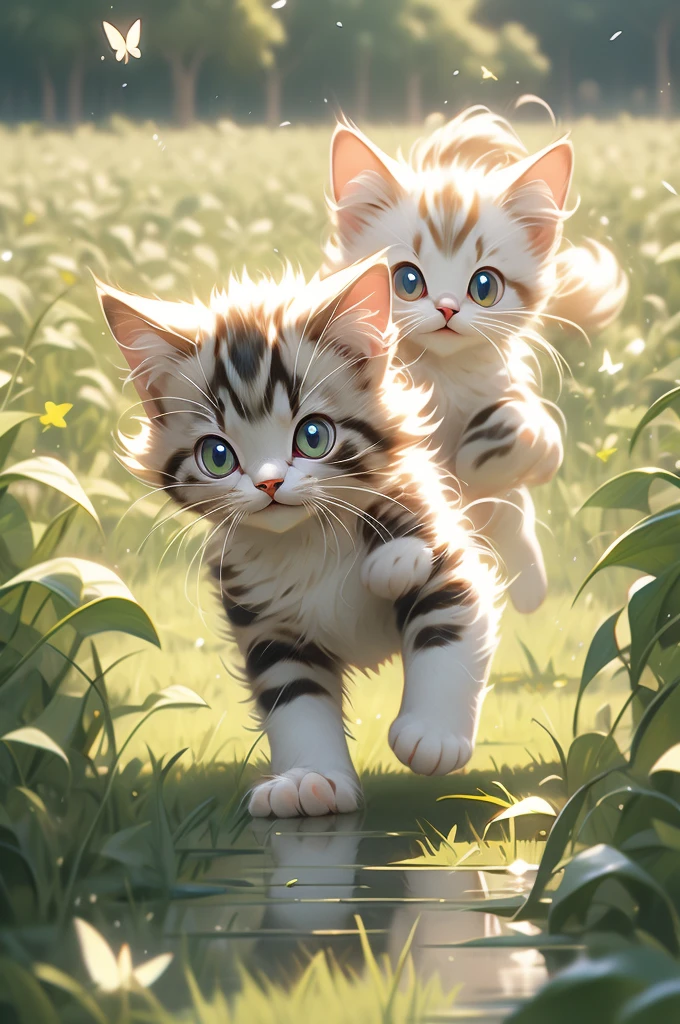 pouncing kitten chasing a butterfly in a field.
