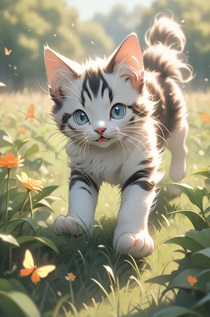 pouncing kitten chasing a butterfly in a field.