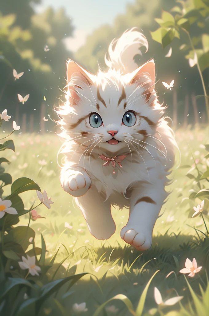 pouncing kitten chasing a butterfly in a field.